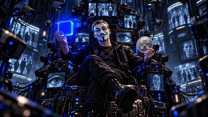 A person wearing a Guy Fawkes mask sits amid walls of surveillance monitors, holding a glowing blue square in one hand and a silver coin with an X-like emblem in the other.