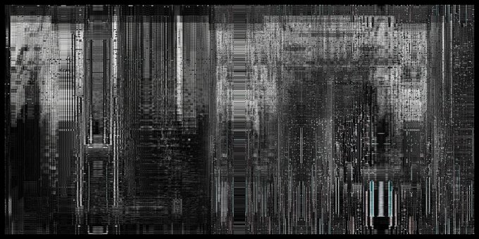 Abstract digital art with vertical streaks, glitch-like patterns, and metallic textures in grayscale tones.
