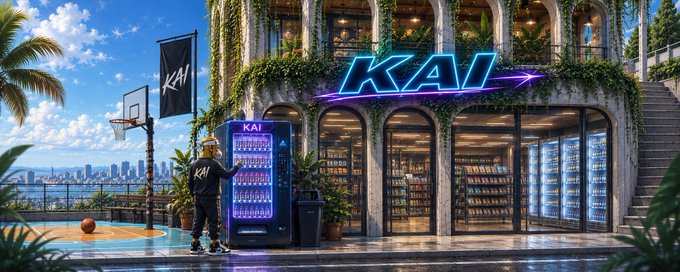 An AI-generated image of a 'KAI' branded store/establishment with a neon sign, featuring a person in a tracksuit near a vending machine, an outdoor basketball court, and lush greenery with a city skyline in the background.