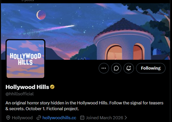 A screenshot of the Twitter/X profile for "Hollywood Hills" (@hhillsofficial), displaying an illustrated banner featuring a crescent moon, a shooting star, and a domed building, with the account's location listed as Hollywood and joined in March 2026. The profile describes an "original horror story hidden in the Hollywood Hills" with a note that it is a fictional project, aligning with the post about it being an NFT collection tied to a horror movie from The Sandbox Game creators.