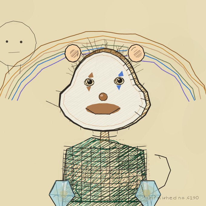 A digital sketch showing a white bear-like character with a colorful rainbow mane and a crosshatched green body, accompanied by a smaller simple figure in the background.