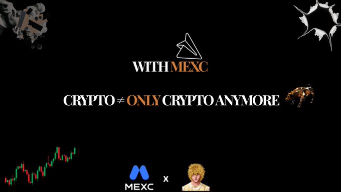 A promotional graphic for MEXC featuring the tagline 'WITH MEXC CRYPTO ≠ ONLY CRYPTO ANYMORE' with a bull graphic and a small portrait of a person with blonde hair.