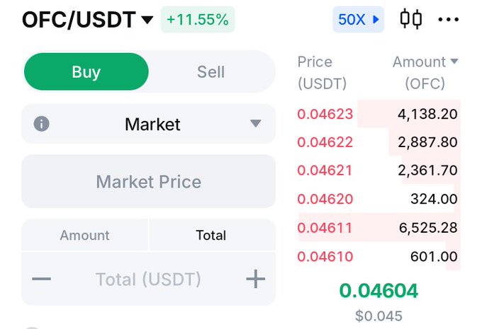 A screenshot of a mobile device screen, displaying information related to the currency trading application OCF. The display shows the current price for USDC (US dollar) as 0.91 with an amount of $0.9. Another detail that can be seen on this app is that someone has bought Bitcoin at a 50% increase in value since last month.