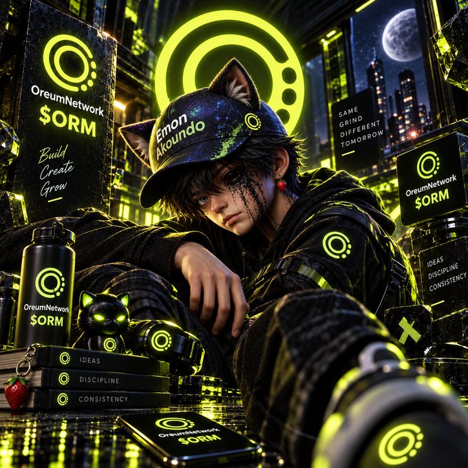 A stylized cyberpunk illustration of a character wearing a cap with cat ears, surrounded by neon green branding for 'OereumNetwork $ORM', with text reading 'Build Create Grow', 'SAME GRIND DIFFERENT TOMORROW', and 'IDEAS DISCIPLINE CONSISTENCY'.