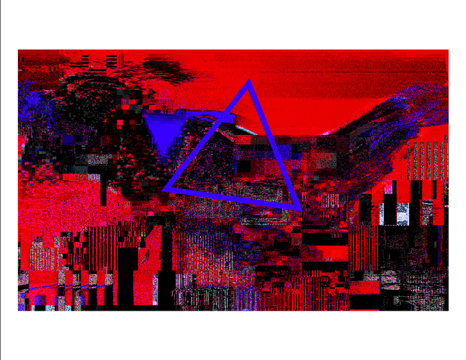 Glitch-art style image with red and black distorted patterns overlaid with a blue outline of a triangle shape.