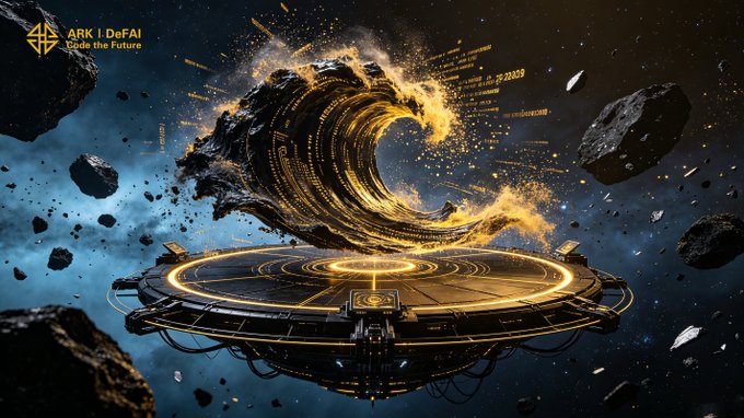 A glowing digital asteroid orbits a futuristic holographic platform in space, with "ARK | DeFAI Code the Future" visible in the top-left corner, symbolizing the Arkie AI App's ongoing evolution and expansion of its AI-powered ecosystem tied to ARK.