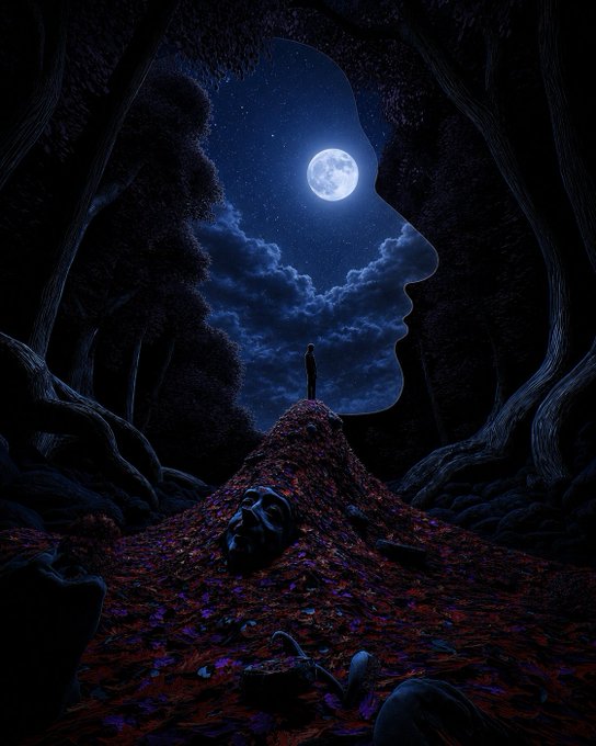 A surreal, dark digital artwork showing a silhouetted figure standing atop a leaf-covered mound framed by trees shaped like a face profile, with a full moon in the background.