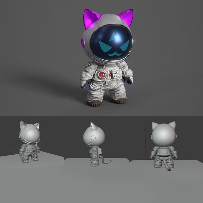 A 3D render of a small astronaut character with purple cat ears, shown from multiple angles against a grey background.