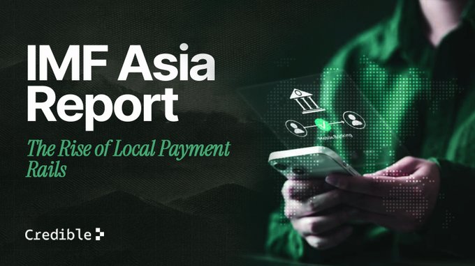 A promotional graphic titled 'IMF Asia Report' with the subtitle 'The Rise of Local Payment Rails' by 'Credible', showing a person's hands holding a phone overlaid with digital financial icons.