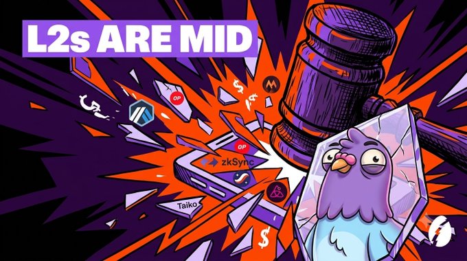 A stylized 'L2s ARE MID' graphic showing a gavel smashing various Layer 2 crypto logos (zkSync, Optimism, etc.) with a cartoon purple bird watching.