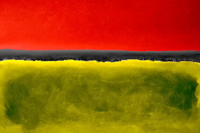 Abstract painting divided horizontally into three bands: a bright red top section, a thin gray/black middle stripe, and a textured yellow-green bottom area.
