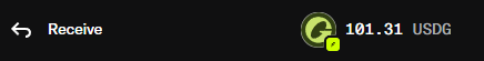 Dark interface screen showing a 'Receive' option with '101.31 USDG' balance displayed next to a green G logo.