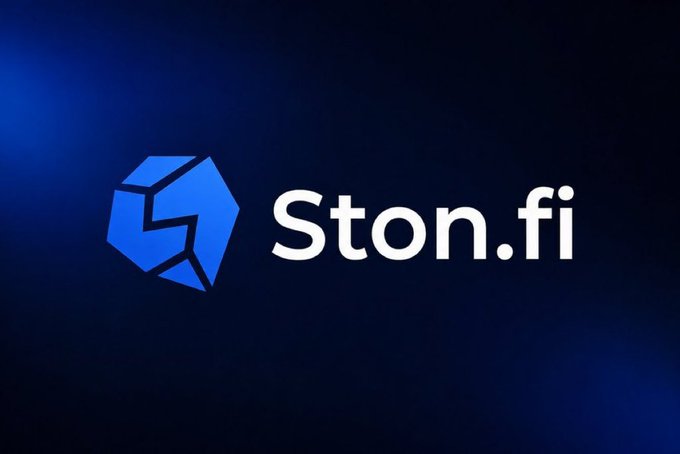 The Ston.fi logo featuring a blue geometric icon next to the text 'Ston.fi' on a dark blue background.