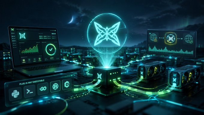 A glowing futuristic tech scene features a laptop displaying analytics dashboards, blockchain network graphics, and mining rigs connected to a central holographic node, with text reading "PLUG IN ANY EXECUTABLE" alongside logos for Go, C++, and C#—visually emphasizing the post's praise for the @quipnetwork node manager v0.2.3, which simplifies mining setup by letting any executable plug in for low-maintenance, versatile operation.
