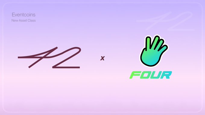 In the image, there are two posters side by side depicting a hand with a green "4" logo above it and an event coin (#42) below it. The posters show that they are related to the meme trading or event coins on Four.meme.space. These events are about memes and involve trading, collaborating, or showcasing memes in exchange for points, tokens, or coins denominated at $42. A note is also present above the post saying "big thanks @binancewallet for featuring this in the eMeme section".