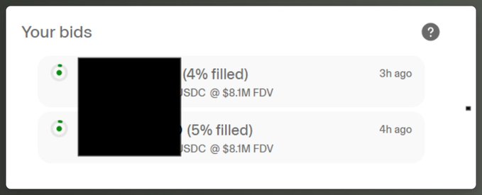 A screenshot of a 'Your bids' interface showing two partially redacted bids at '@$8.1M FDV' that are 4% and 5% filled, placed 3 and 4 hours ago respectively.