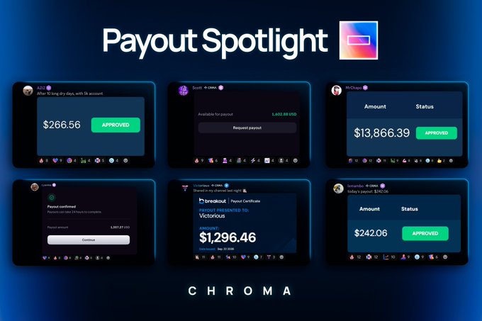 A 'Payout Spotlight' slide displays six chat screenshots showing approved payout amounts on the CHROMA platform, ranging from $242.06 to $13,866.39.
