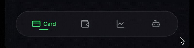 The image shows a screen with a green "Card" button at the top of the screen. Below this button, there are several icons representing different types of cards or payment methods such as credit card, wallet, and cryptocurrency. The screen also displays a chat window on the right side, suggesting that it could be used for communication between users.