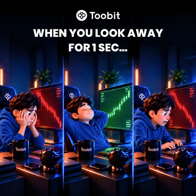 A Toobit cryptocurrency exchange promotional graphic with the text 'WHEN YOU LOOK AWAY FOR 1 SEC...', showing a 3-panel cartoon of a trader who misses a profitable green candle spike while resting his eyes.