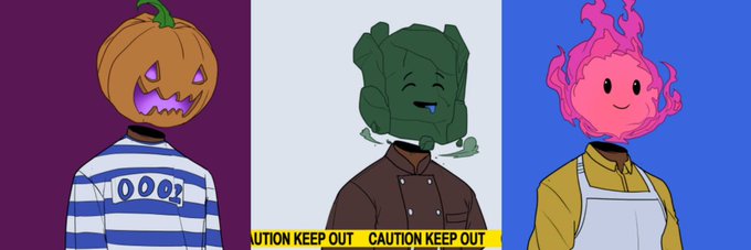A cartoon illustration featuring three characters with a pumpkin head, a green ghostly head, and a pink flame-like head, standing against purple, white, and blue backgrounds, with "CAUTION KEEP OUT" tape visible.