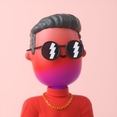 A 3D-rendered character with a pink/red gradient skin, slicked-back hair, gold chain, and sunglasses with lightning bolt icons, set against a pink background.