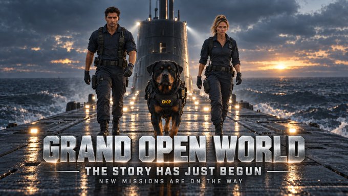 A cinematic promotional image shows two armed operatives and a German Shepherd dog labeled "CHOP" walking along a submarine deck at sunset, with bold text reading "GRAND OPEN WORLD — THE STORY HAS JUST BEGUN — NEW MISSIONS ARE ON THE WAY," tying into the post's mention of a creator wallet holding $CHOP tokens and a live launch event.