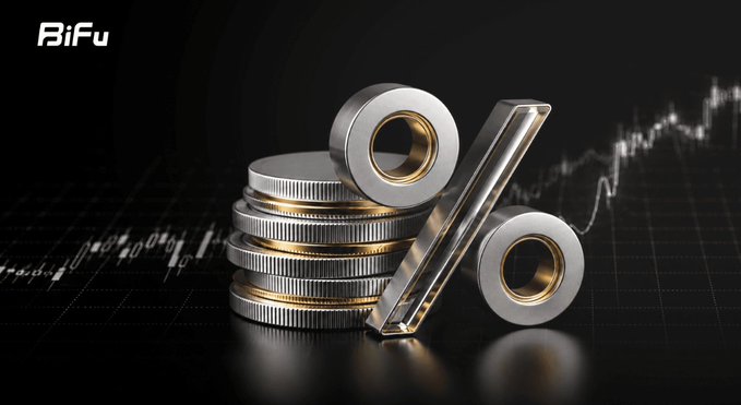 Promotional image for BiFu featuring a 3D metallic percent symbol made of coins on a dark background with a financial chart.