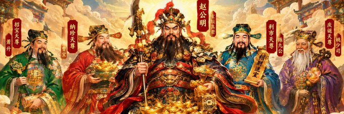 The image features five ornately dressed Chinese deity figures labeled with names such as 赵公明 (Zhao Gongming), 招宝天尊 (Zhao Bao Tian Zun), 纳珍天尊 (Na Zhen Tian Zun), 利市天尊 (Li Shi Tian Zun), and 庚桑天尊 (Geng Sang Tian Zun), who together represent the traditional Wu Fu (Five Blessings) gods associated with wealth and prosperity. The vibrant illustration ties directly to the celebratory post, visually symbolizing the auspicious energy behind the "Wealth Dragon" (龙) rebranding on X to mark the creator's milestone of 70,000 followers.