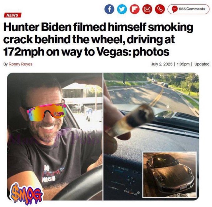 The image features an article about a man named Hunter Biden who was caught smoking while driving at a high speed of over 72 mph, as indicated by the text "72 mph on way to Vegas: Photos". The article also includes a photo of the car's interior and a collage of related images.