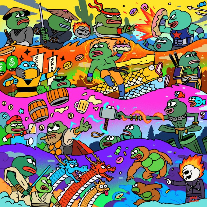 A chaotic collage of green Pepe the Frog characters in various scenes—samurai battles, beer-drinking, treasure hunting, dragon-slaying, and Skibidi toilet parodying—serves as a hype visual for the TrustUsNFT collection, capturing the chaotic energy and FOMO of an upcoming mint reveal.