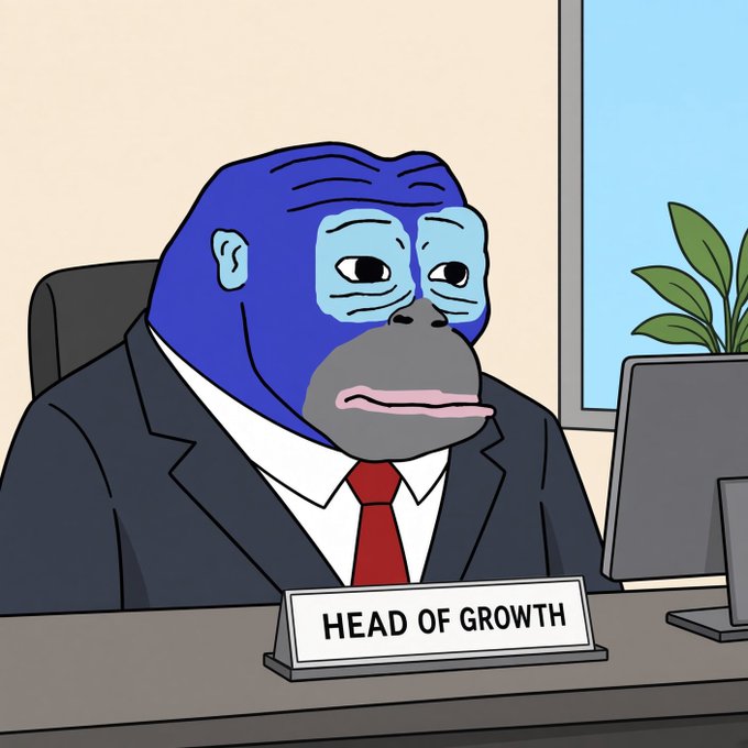 A cartoon illustration shows a blue gorilla wearing a black suit and red tie, sitting at a desk with a nameplate that reads 'HEAD OF GROWTH'.