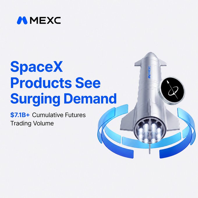 A MEXC promotional graphic featuring a silver rocket and orbital ring design with the headline "SpaceX Products See Surging Demand" and "$7.1B+ Cumulative Futures Trading Volume," highlighting the platform's record-breaking engagement with SpaceX-related trading products including $173M+ in Launchpad subscriptions and over 74K participants.