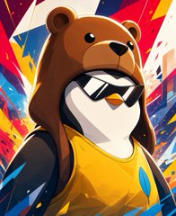 A digital illustration of a penguin wearing a brown bear hat, sunglasses, and a yellow shirt against a colorful abstract background.