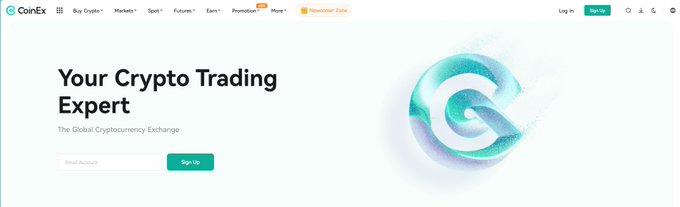 The image shows the homepage of CoinEx cryptocurrency exchange, featuring the tagline "Your Crypto Trading Expert - The Global Cryptocurrency Exchange" alongside the platform's teal-colored logo and a sign-up field for new users. This relates to the post as CoinEx is the exchange being thanked for supporting Digibyte ($DGB) trading.