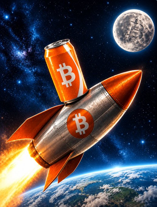 A digital artwork depicts a rocket styled like a Bitcoin-themed energy drink can blasting off into space, with a Bitcoin-emblazoned moon in the background.