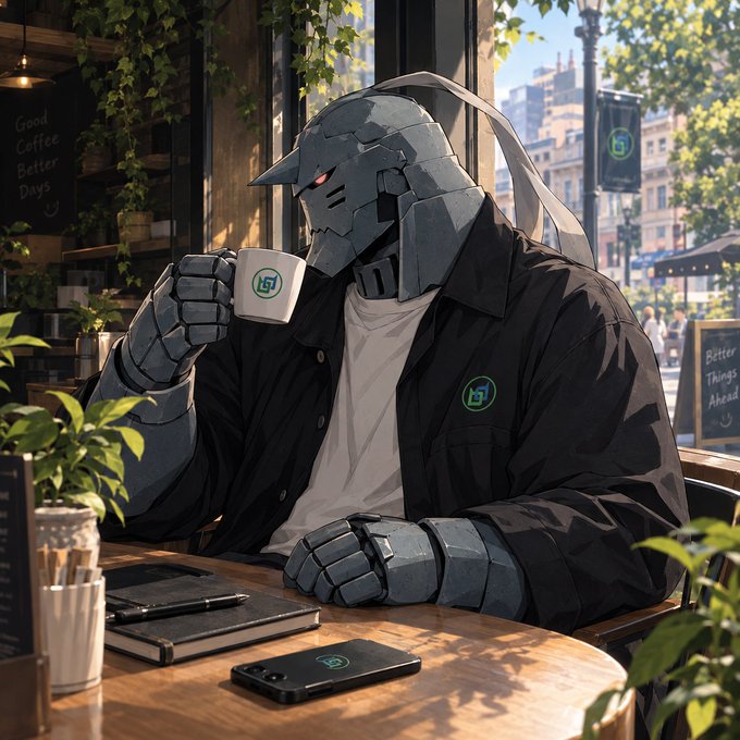 An illustrated scene of a robotic character with a gray helmet and black jacket sitting at a wooden table in a sunlit cafe, holding a white mug with a green logo.