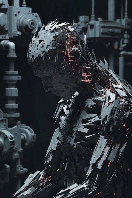 Digital artwork of a fragmented, dark humanoid robot or figure constructed from sharp geometric shards with glowing red lines, set against an industrial background with pipes and machinery.