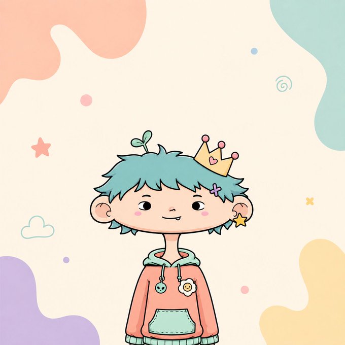 The image features a cartoon character wearing a red hoodie with green buttons, standing against a colorful background that includes pink, blue, yellow, and purple swirls. The character has a crown on their head and a flower in their hair. The caption reads "2800 cuties in just 2 days! We are stoked and big announcements are coming your way!"