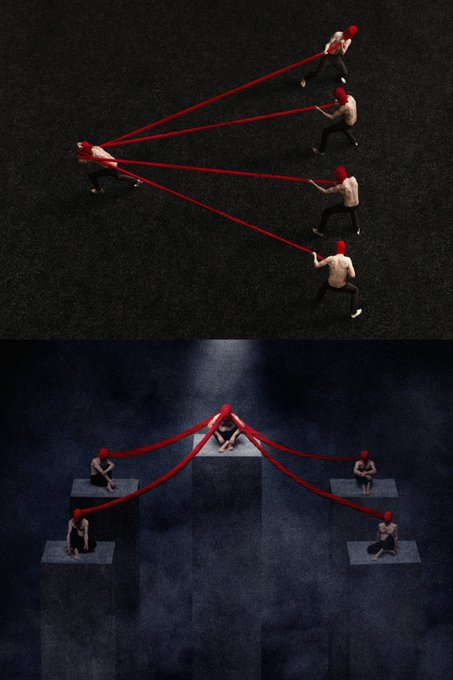 A pair of surreal digital artworks depicting red-tethered figures in a pyramid of hierarchical arrangement, representing the "Tethered" NFT series auctioned on Manifold, with the latest "Tethered IV" currently live while "Tethered V" was just sold for 0.169 ETH.