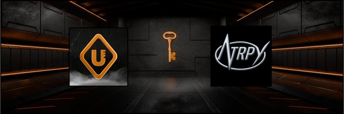 A dark, sci-fi themed graphic showing two logos flanking a central glowing orange key: an orange 'U' logo on the left and a white 'TRP' logo on the right.