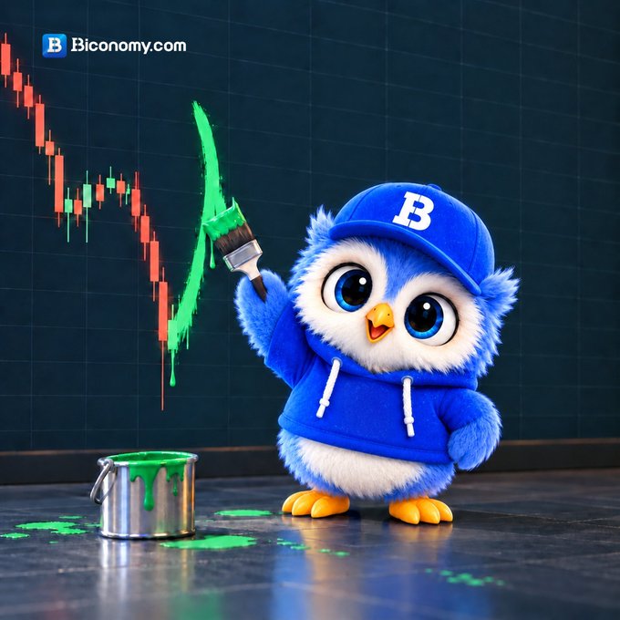 A cartoon bird mascot wearing a blue 'B' cap and hoodie paints a green recovery arrow over a red downward candlestick chart, branded with 'B Biconomy.com'.