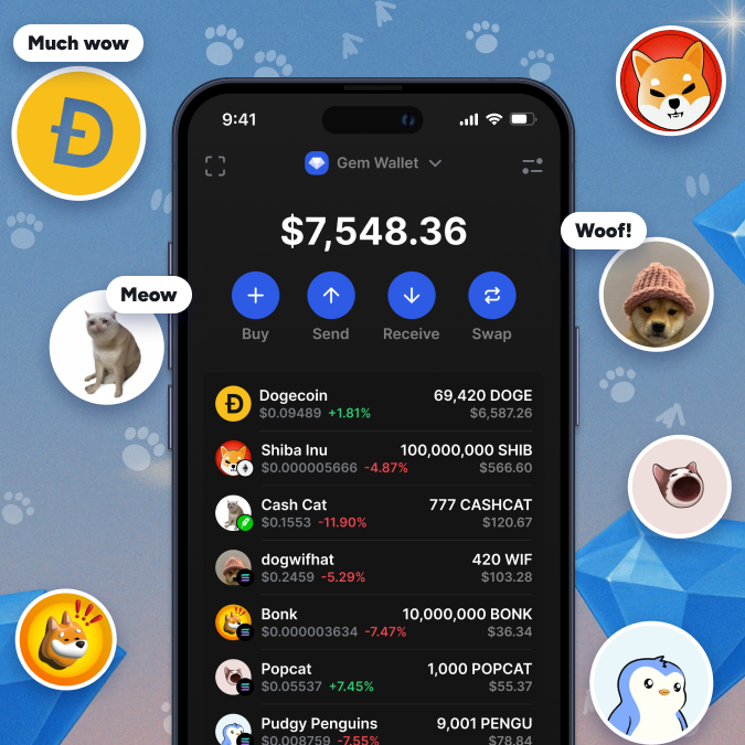 A crypto wallet app displays a balance of '$7,548.36' alongside meme coins like Dogecoin, Shiba Inu, and Pudgy Penguins, surrounded by cartoon animal avatars with labels like 'Much wow', 'Meow', and 'Woof!'.