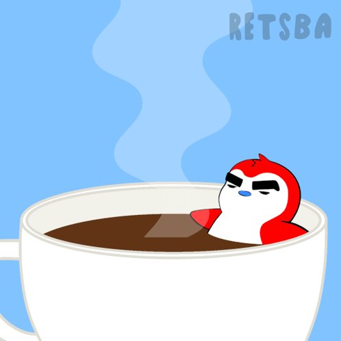 The image features a cute cartoon penguin sitting inside of a cup filled with hot chocolate, surrounded by steam coming out from the top of the cup. The text "Retsba" appears at the bottom left corner of the image, which is likely related to the post where this image was shared or posted.