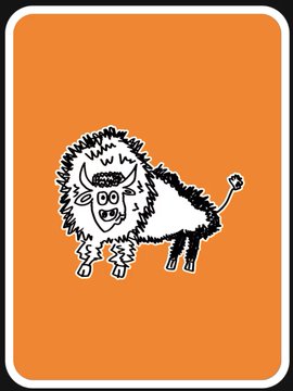 A cartoon illustration of a fluffy white yak with horns and a wild expression on an orange background.