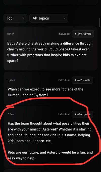 A screenshot of a forum with a red circle highlighting a post asking about the team's plans for their mascot Asteroid, suggesting it could be used for charity foundations or educational programs for kids.