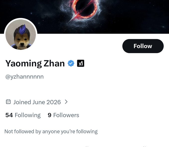 The image features a white background with black text that reads "92JCunL4j5ruHPVyQpmMBqSGUYnDxrtvmrisagXhpump Dogwifmohawk @yzhannnnnn". The post is about a person named Yoming Zhan, who has joined the game on June 26. The post also mentions that followers are not following this user and that they have been unfollowed by someone else who's following them.