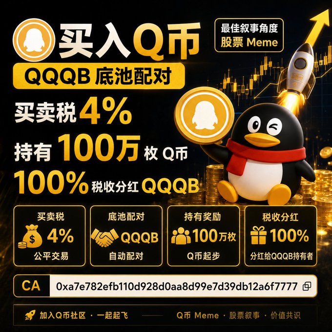 A promotional graphic for a cryptocurrency called "Q币" (Q Coin) featuring a cartoon penguin mascot holding a coin with the QQ logo, advertising a 4% buy/sell tax and QQQB pool pairing, with contract address 0xa7e782efb110d928d0aa8d99e7d39db12a6f7777 and a 100% dividend incentive for holders of 1 million Q coins.
