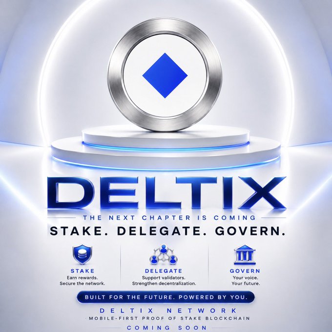 A futuristic promotional graphic for "DELTIX" featuring a metallic circular emblem with a blue diamond center, displayed on a glowing platform with the tagline "The Next Chapter Is Coming" and three pillars labeled "Stake," "Delegate," and "Govern." The image highlights key concepts from the post—Delegated Proof of Stake, the 100,000,000 DLTX token supply, and the staking/delegation/governance model of the DELTIX Network blockchain, scheduled to come soon.