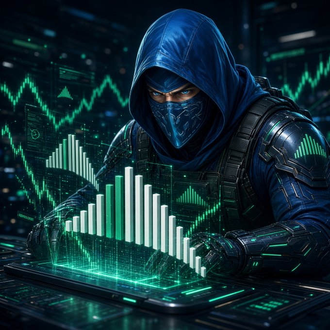 A hooded figure in futuristic armor looks intently at glowing green holographic stock charts and bar graphs hovering above a digital surface.