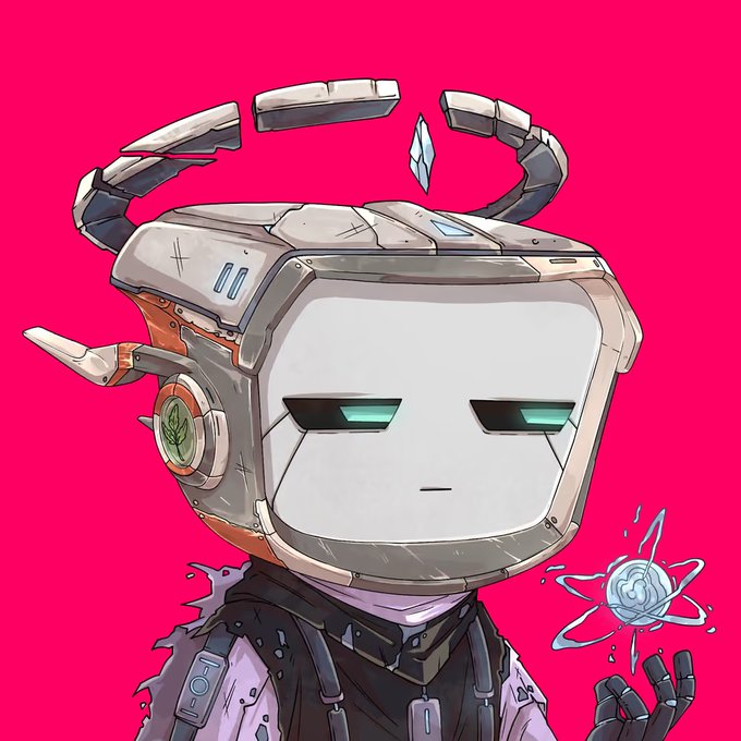 An anime-style illustration of a robotic character with a CRT-monitor-like head, halo above it, and a small atom symbol in its hand against a bright pink background.